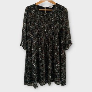 Reitmans Black Floral Pintuck Short Sleeve Dress